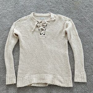 American Eagle Outfitters Cream Lace-Up V-Neck Sweater XS